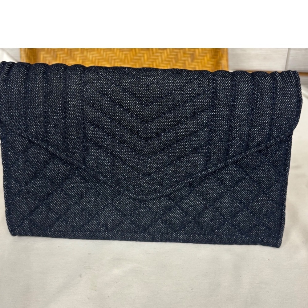 Quilted Denim Clutch Bag Indigo Blue Chevron Diamond Pattern Gold Hardware 10"